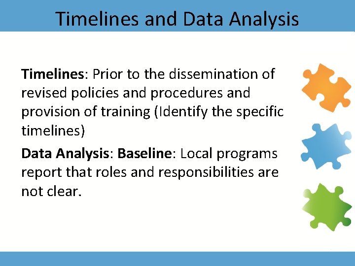 Timelines and Data Analysis Timelines: Prior to the dissemination of revised policies and procedures