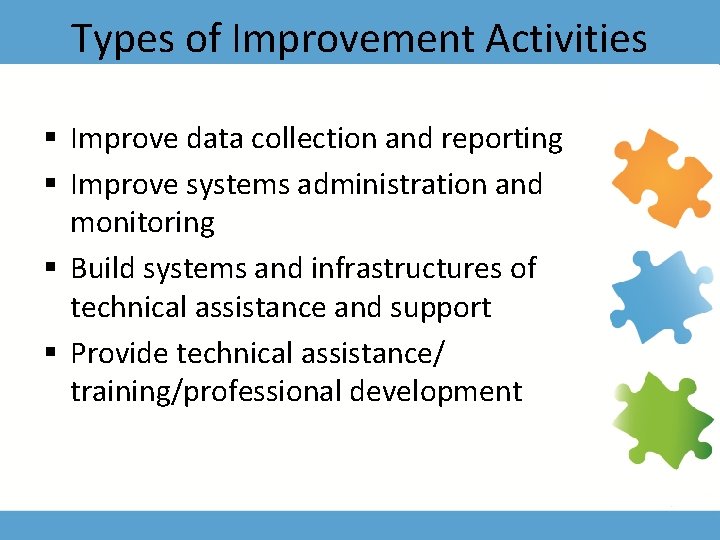 Types of Improvement Activities § Improve data collection and reporting § Improve systems administration