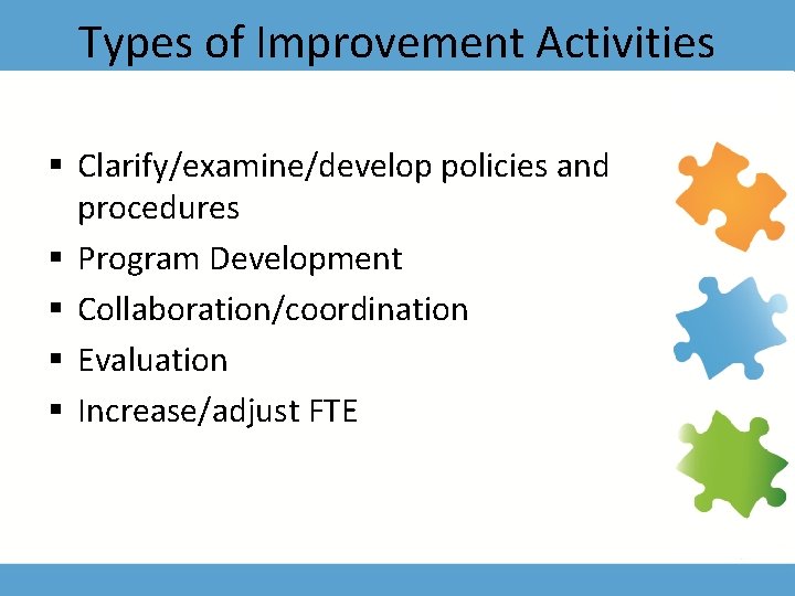 Types of Improvement Activities § Clarify/examine/develop policies and procedures § Program Development § Collaboration/coordination