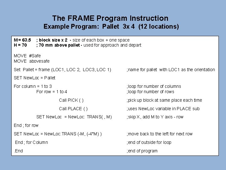 The FRAME Program Instruction Example Program: Pallet 3 x 4 (12 locations) M =