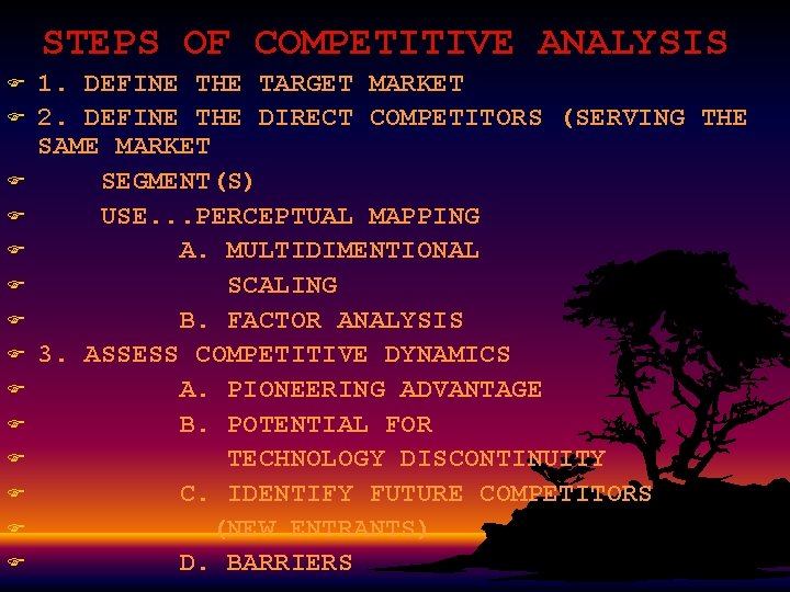 STEPS OF COMPETITIVE ANALYSIS F F F F 1. DEFINE THE TARGET MARKET 2.