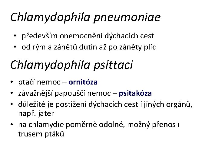Chlamydophila pneumoniae • především onemocnění dýchacích cest • od rým a zánětů dutin až