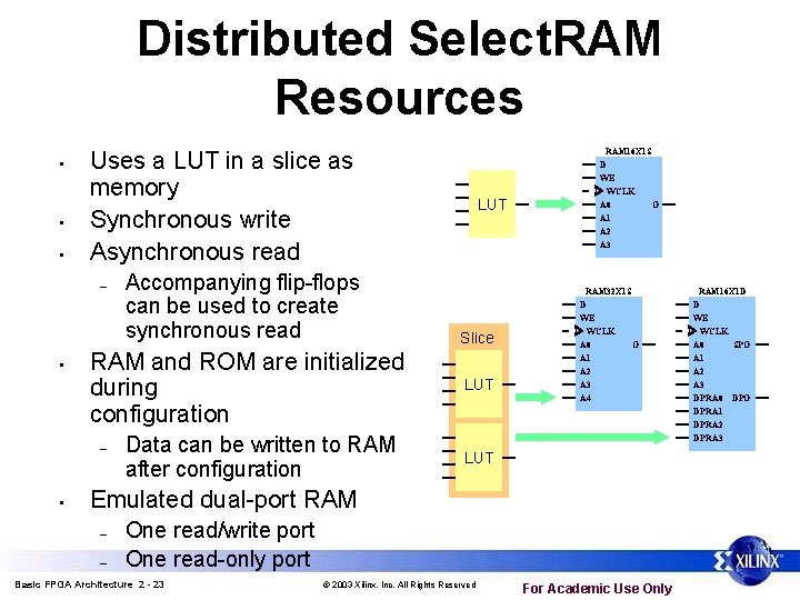 Distributed Select. RAM Resources • • • Uses a LUT in a slice as Distributed Select. RAM Resources • • • Uses a LUT in a slice as