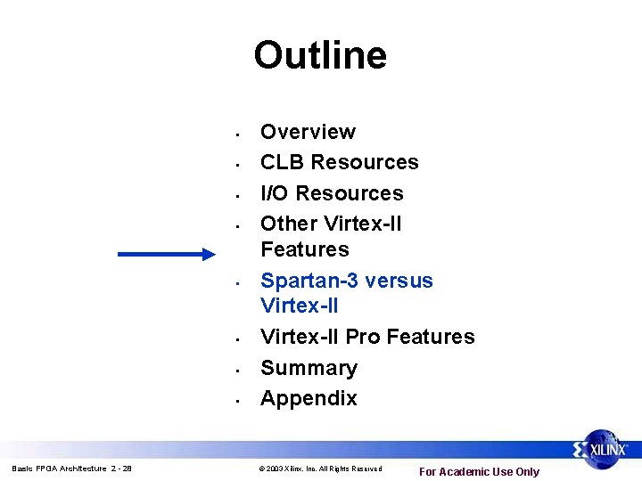 Outline • • Basic FPGA Architecture 2 - 28 Overview CLB Resources I/O Resources Outline • • Basic FPGA Architecture 2 - 28 Overview CLB Resources I/O Resources