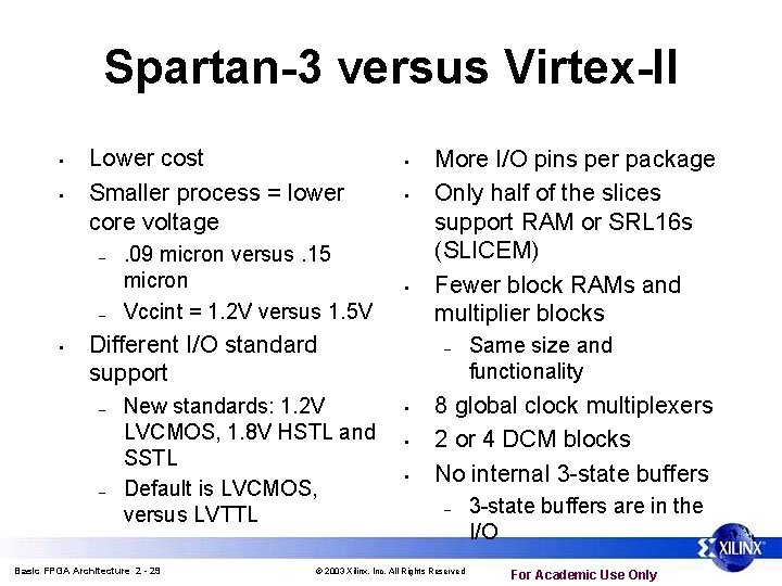 Spartan-3 versus Virtex-II • • Lower cost Smaller process = lower core voltage – Spartan-3 versus Virtex-II • • Lower cost Smaller process = lower core voltage –
