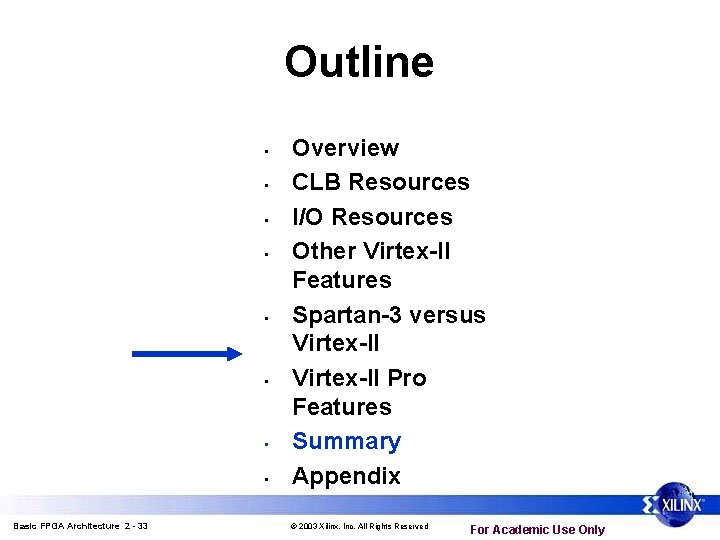 Outline • • Basic FPGA Architecture 2 - 33 Overview CLB Resources I/O Resources Outline • • Basic FPGA Architecture 2 - 33 Overview CLB Resources I/O Resources
