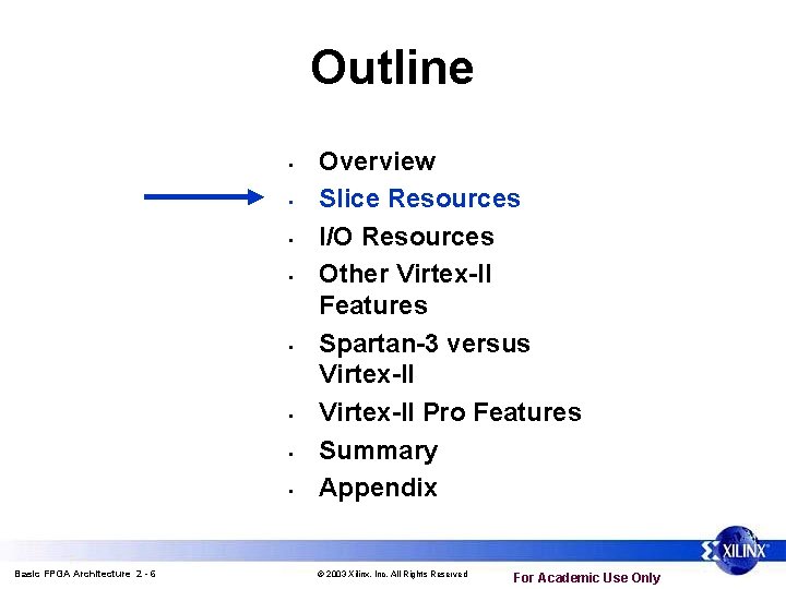 Outline • • Basic FPGA Architecture 2 - 6 Overview Slice Resources I/O Resources Outline • • Basic FPGA Architecture 2 - 6 Overview Slice Resources I/O Resources