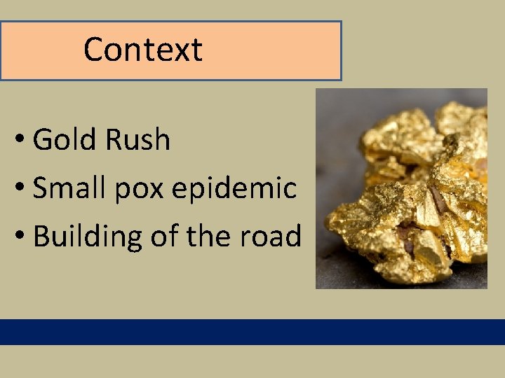 Context • Gold Rush • Small pox epidemic • Building of the road 