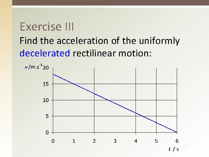 Exercise III Find the acceleration of the uniformly decelerated rectilinear motion: 8 