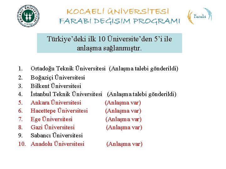 Türkiye’deki ilk 10 Üniversite’den 5’i ile anlaşma sağlanmıştır. 1. 2. 3. 4. 5. 6.