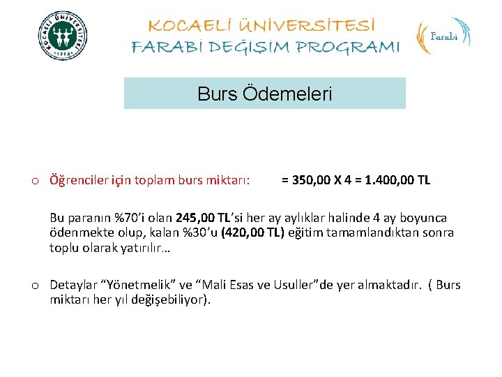 Burs Ödemeleri o Öğrenciler için toplam burs miktarı: = 350, 00 X 4 =