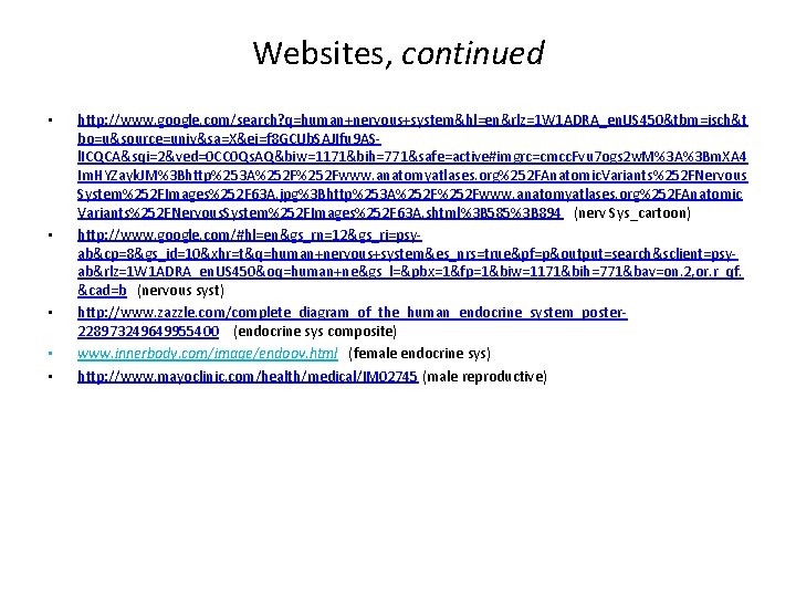 Websites, continued • • • http: //www. google. com/search? q=human+nervous+system&hl=en&rlz=1 W 1 ADRA_en. US