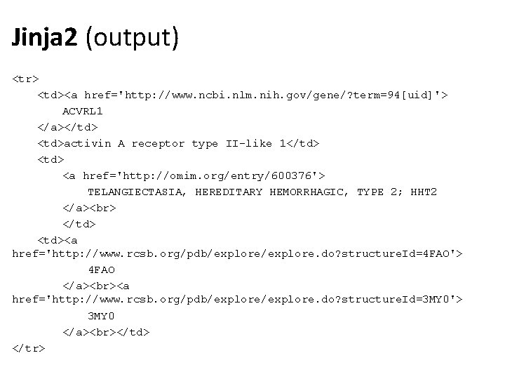 Jinja 2 (output) <tr> <td><a href='http: //www. ncbi. nlm. nih. gov/gene/? term=94[uid]'> ACVRL 1