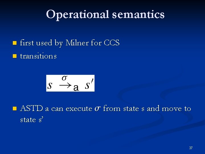 Operational semantics first used by Milner for CCS n transitions n n ASTD a