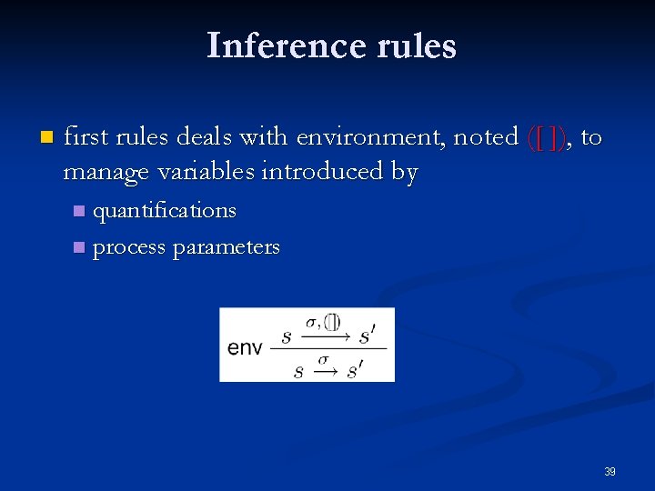 Inference rules n first rules deals with environment, noted ([ ]), to manage variables