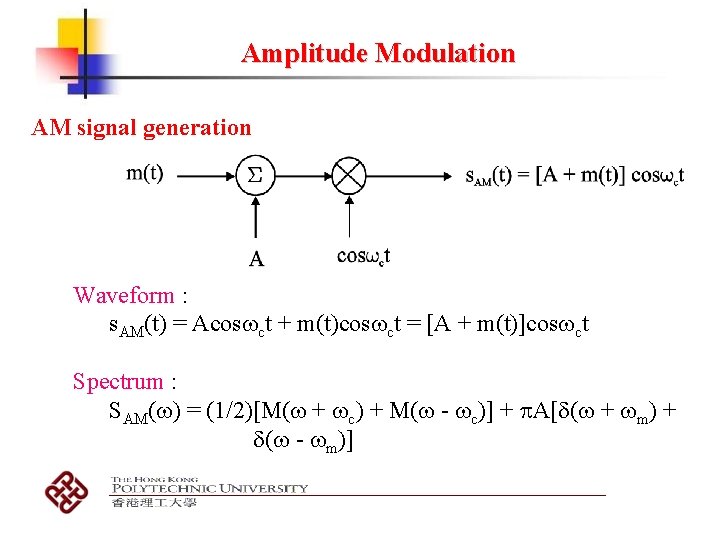 Amplitude Modulation AM signal generation Waveform : s. AM(t) = Acos ct + m(t)cos