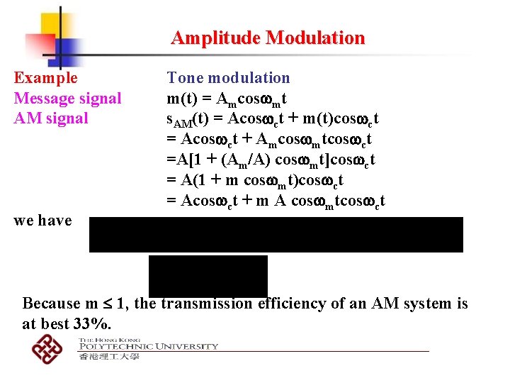 Amplitude Modulation Example Message signal AM signal we have Tone modulation m(t) = Amcos