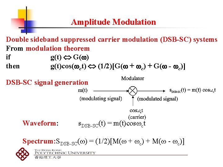 Amplitude Modulation Double sideband suppressed carrier modulation (DSB-SC) systems From modulation theorem if g(t)