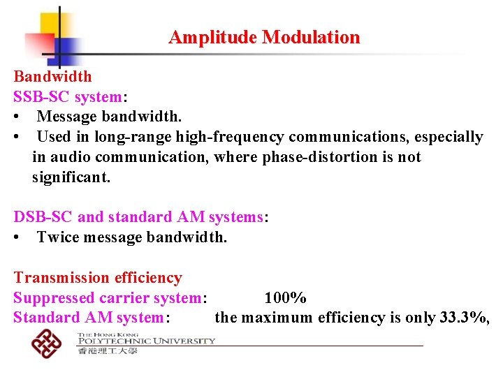 Amplitude Modulation Bandwidth SSB-SC system: • Message bandwidth. • Used in long-range high-frequency communications,