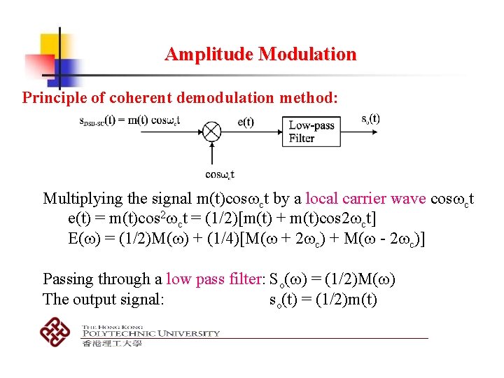 Amplitude Modulation Principle of coherent demodulation method: Multiplying the signal m(t)cos ct by a