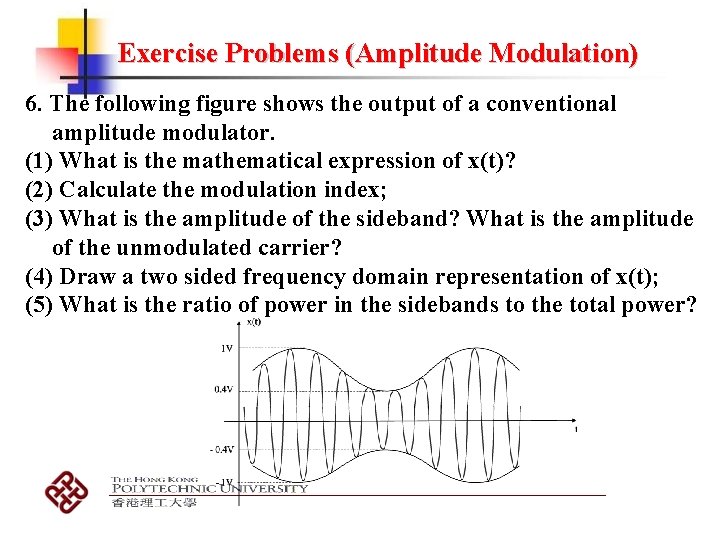 Exercise Problems (Amplitude Modulation) 6. The following figure shows the output of a conventional