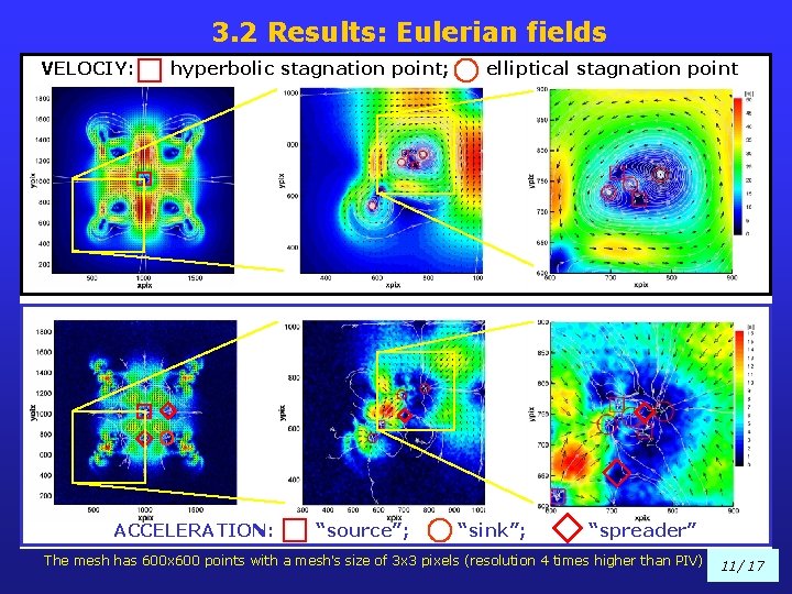 3. 2 Results: Eulerian fields VELOCIY: hyperbolic stagnation point; ACCELERATION: “source”; elliptical stagnation point