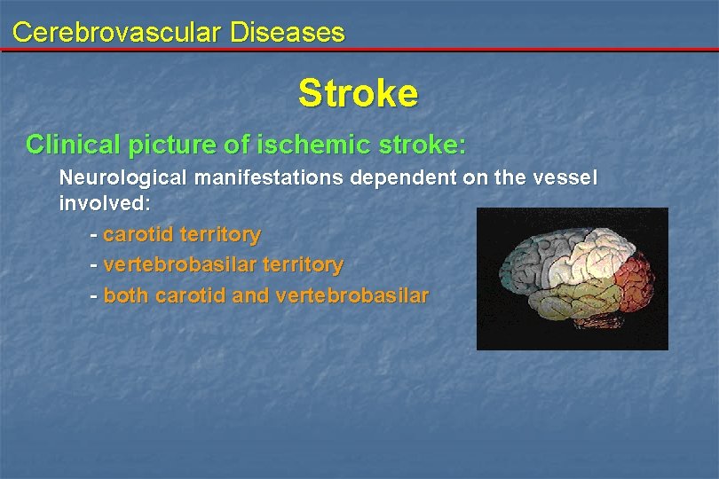 Cerebrovascular Diseases Stroke Clinical picture of ischemic stroke: Neurological manifestations dependent on the vessel