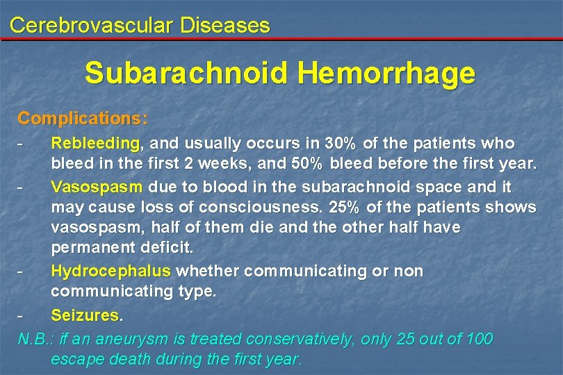 Cerebrovascular Diseases Subarachnoid Hemorrhage Complications: - Rebleeding, and usually occurs in 30% of the