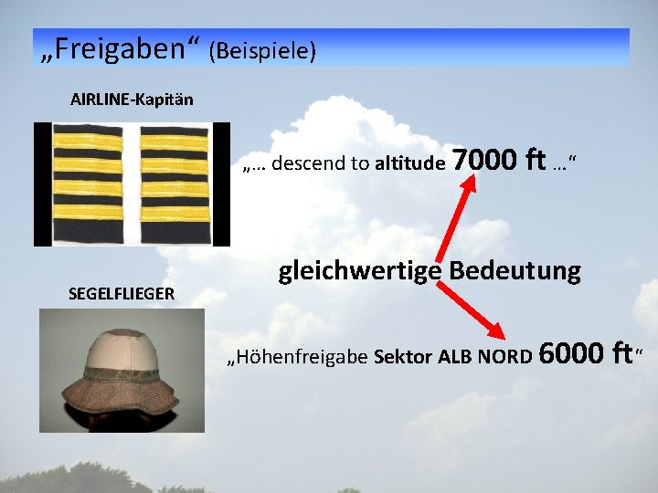 „Freigaben“ (Beispiele) AIRLINE-Kapitän „… descend to altitude 7000 SEGELFLIEGER ft …“ gleichwertige Bedeutung „Höhenfreigabe