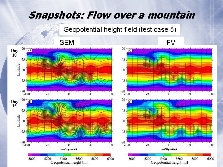 Snapshots: Flow over a mountain Geopotential height field (test case 5) SEM FV 