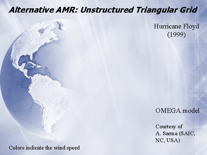 Alternative AMR: Unstructured Triangular Grid Hurricane Floyd (1999) OMEGA model Courtesy of A. Sarma
