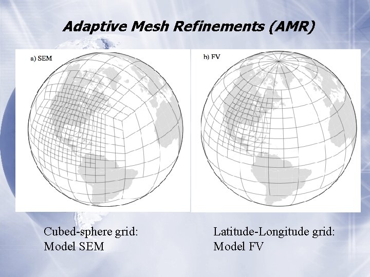Adaptive Mesh Refinements (AMR) Cubed-sphere grid: Model SEM Latitude-Longitude grid: Model FV 