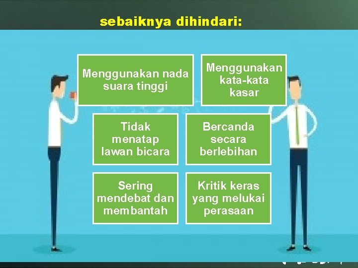 sebaiknya dihindari: Menggunakan nada suara tinggi Menggunakan kata-kata kasar Tidak menatap lawan bicara Bercanda