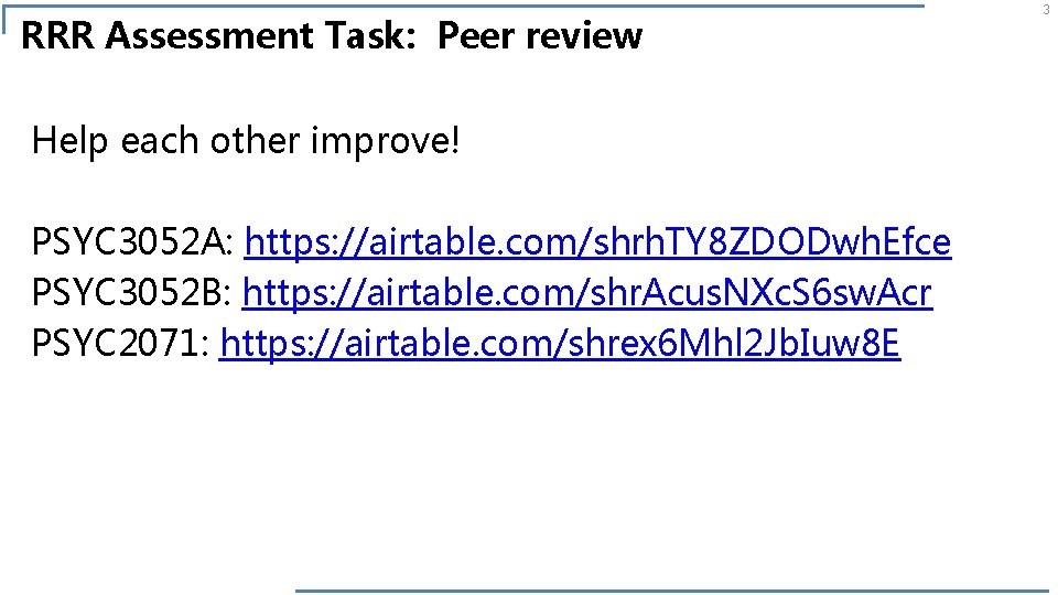 RRR Assessment Task: Peer review Help each other improve! PSYC 3052 A: https: //airtable.