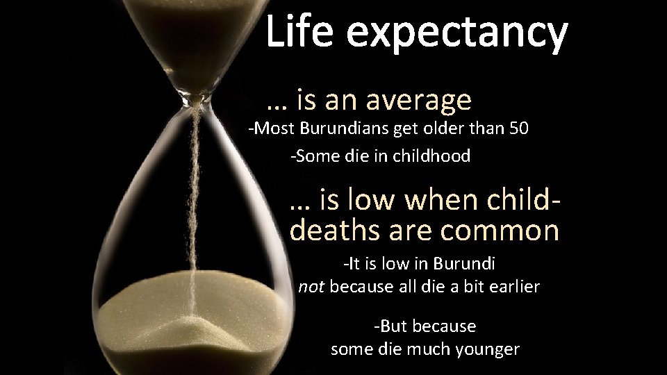 Life expectancy … is an average -Most Burundians get older than 50 -Some die