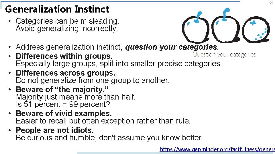 54 Generalization Instinct • Categories can be misleading. Avoid generalizing incorrectly. • Address generalization