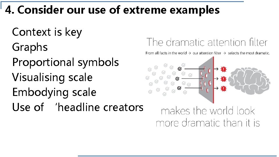 4. Consider our use of extreme examples Context is key Graphs Proportional symbols Visualising