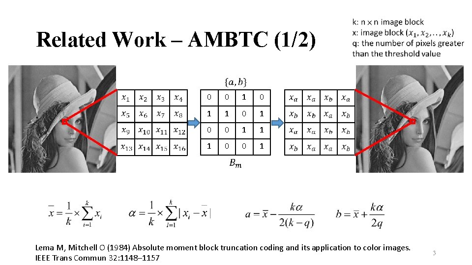 Related Work – AMBTC (1/2) 0 0 1 1 1 0 0 1 Lema