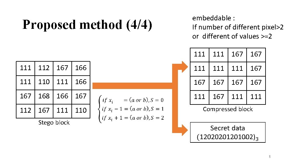 Proposed method (4/4) embeddable : If number of different pixel>2 or different of values
