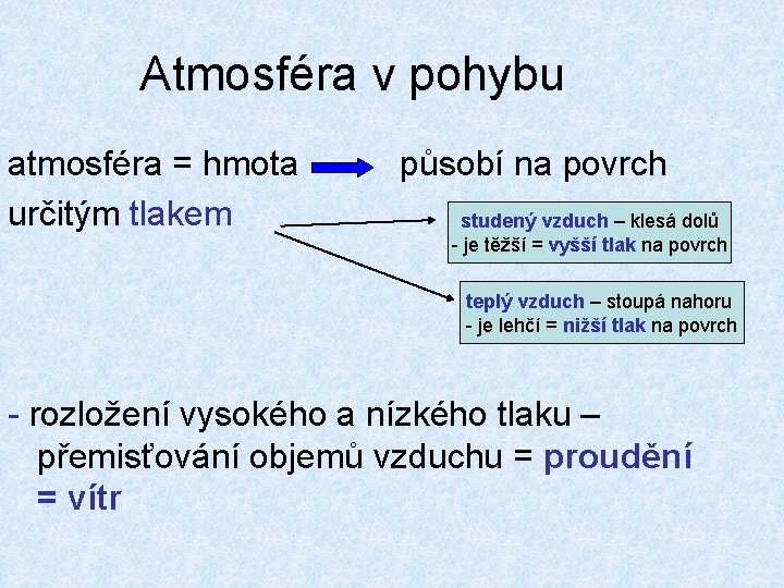 Atmosféra v pohybu atmosféra = hmota určitým tlakem působí na povrch studený vzduch –