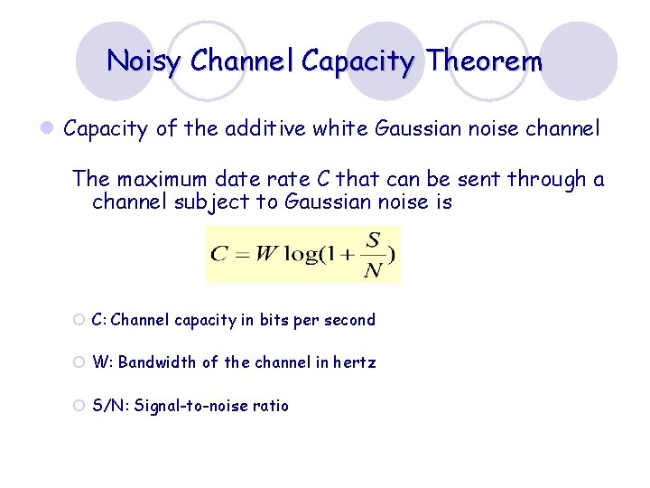 Noisy Channel Capacity Theorem l Capacity of the additive white Gaussian noise channel The
