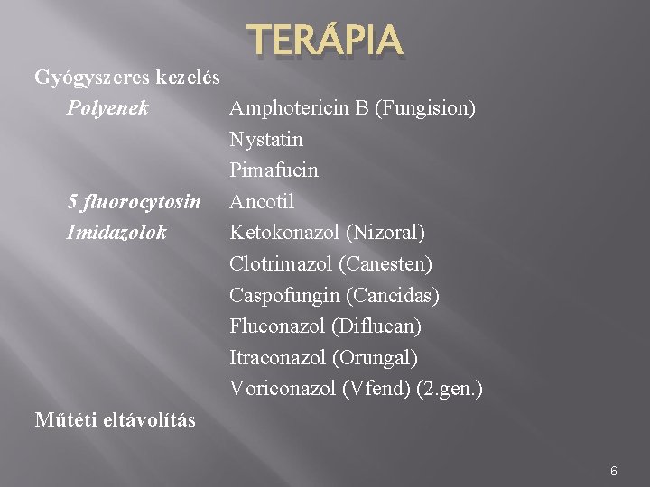 TERÁPIA Gyógyszeres kezelés Polyenek Amphotericin B (Fungision) Nystatin Pimafucin 5 fluorocytosin Ancotil Imidazolok Ketokonazol