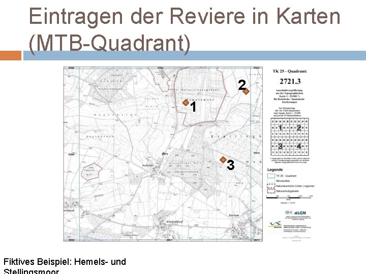 Eintragen der Reviere in Karten (MTB-Quadrant) 2 1 3 Fiktives Beispiel: Hemels- und 