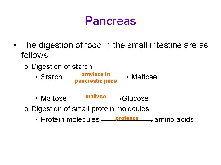 Pancreas • The digestion of food in the small intestine are as follows: o