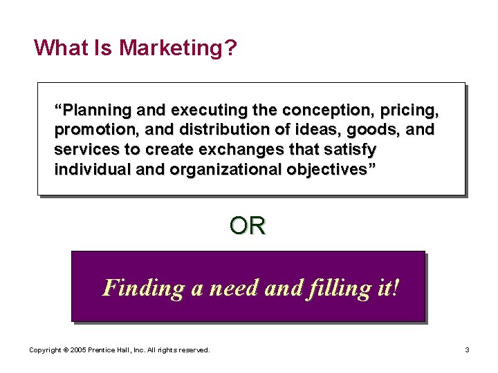 What Is Marketing? “Planning and executing the conception, pricing, promotion, and distribution of ideas,