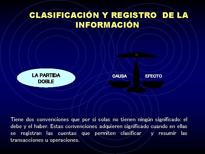 CLASIFICACIÓN Y REGISTRO DE LA INFORMACIÓN LA PARTIDA DOBLE CAUSA EFECTO Tiene dos convenciones