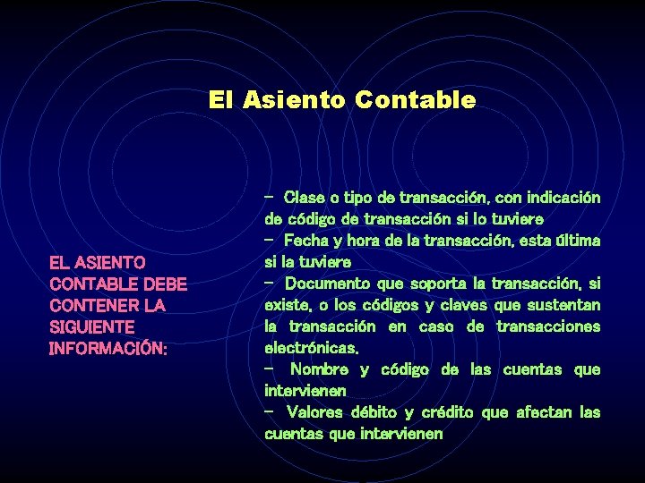 El Asiento Contable EL ASIENTO CONTABLE DEBE CONTENER LA SIGUIENTE INFORMACIÓN: - Clase o