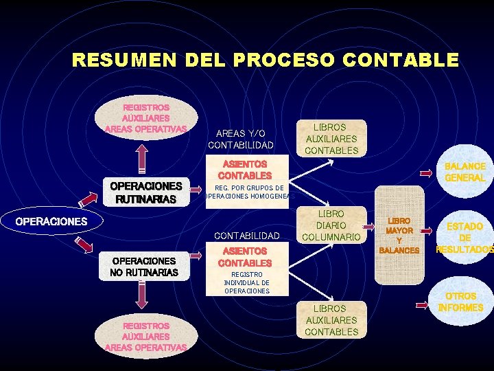 RESUMEN DEL PROCESO CONTABLE REGISTROS AUXILIARES AREAS OPERATIVAS OPERACIONES RUTINARIAS AREAS Y/O CONTABILIDAD ASIENTOS