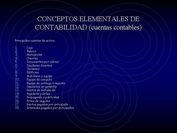 CONCEPTOS ELEMENTALES DE CONTABILIDAD (cuentas contables) Principales cuentas de activo: 1. 2. 3. 4.