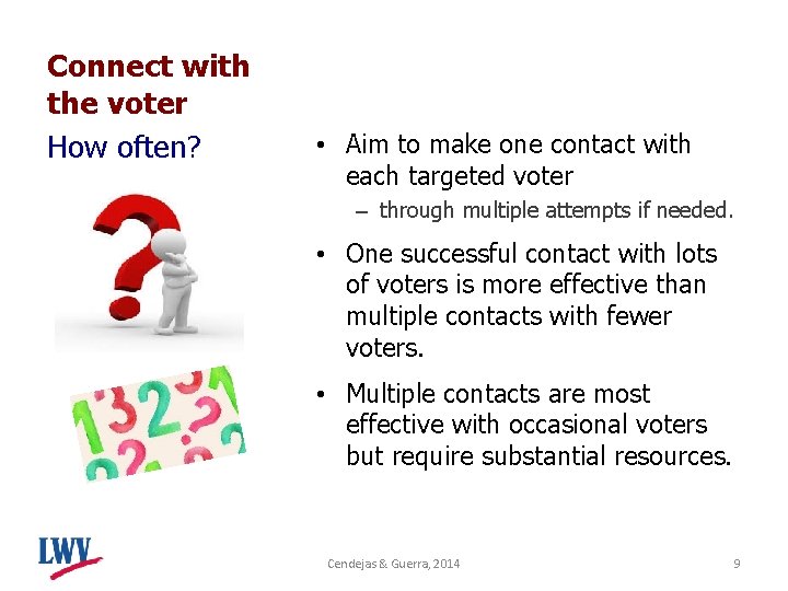 Connect with the voter How often? • Aim to make one contact with each